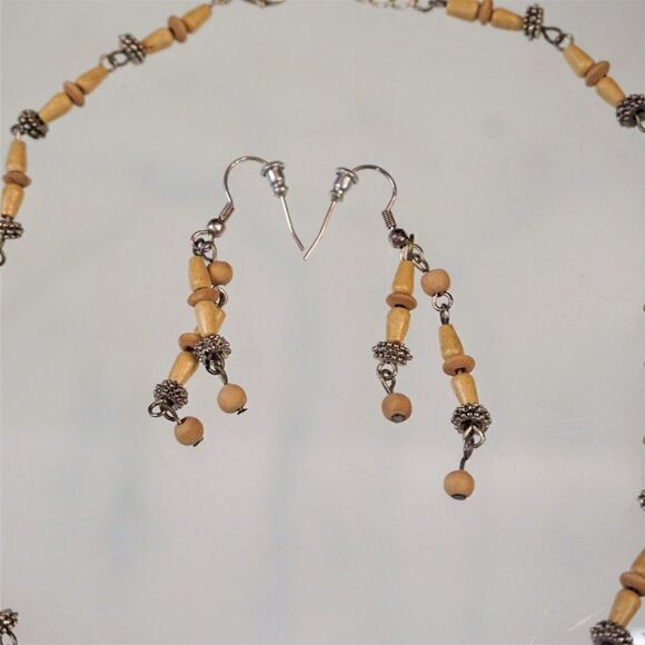 Boho Festival Necklace Earring Set Wood Silver Beads Christina Collection - Picture 9 of 10